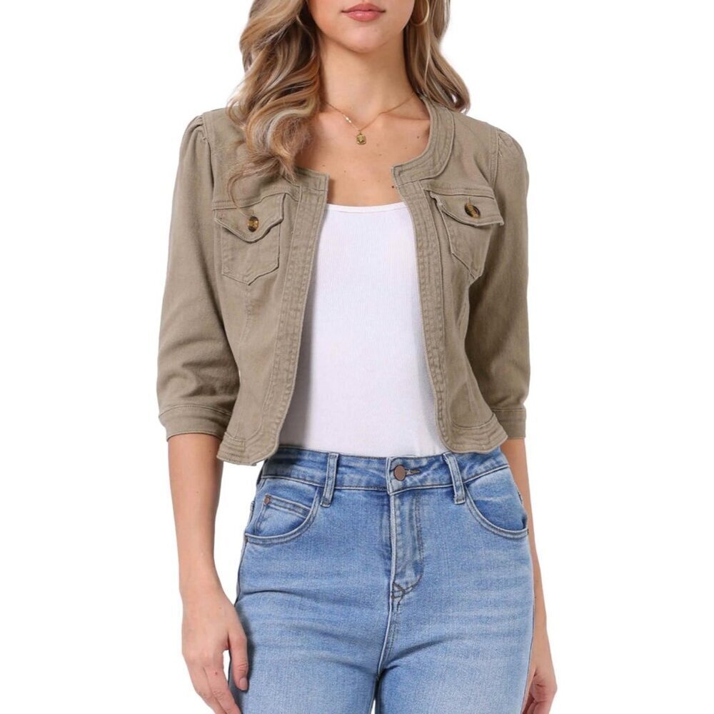 Women's Jean Jacket Slim Fit Casual Denim Jacket 3/4 Sleeves Outwear Khaki Brown